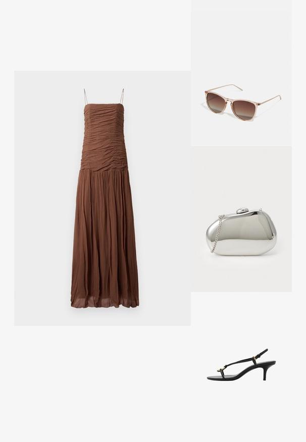 Braunes Maxikleid aus strukturiertem Stoff. Mit gerafftem Oberteil und fließendem Rock, schmalen verstellbaren Trägern und geradem Ausschnitt.; Schwarze Leder-Kitten-Heel-Sandale mit dünnen Riemen, goldener Schnalle und minimalistischer Zehen-Schlaufe vor einem weißen Hintergrund.; Braune Farbverlauf-Sonnenbrille mit einem durchscheinenden rosa Rahmen, quadratischer Form und dünnen Metallbügeln. Verfügt über abgerundete Kanten und minimale Details.; Silberner Metallclutch mit einer abgerundeten, glatten Form. Verfügt über einen Verschluss und einen abnehmbaren Kettenriemen. Reflektierende Oberfläche ohne Muster.