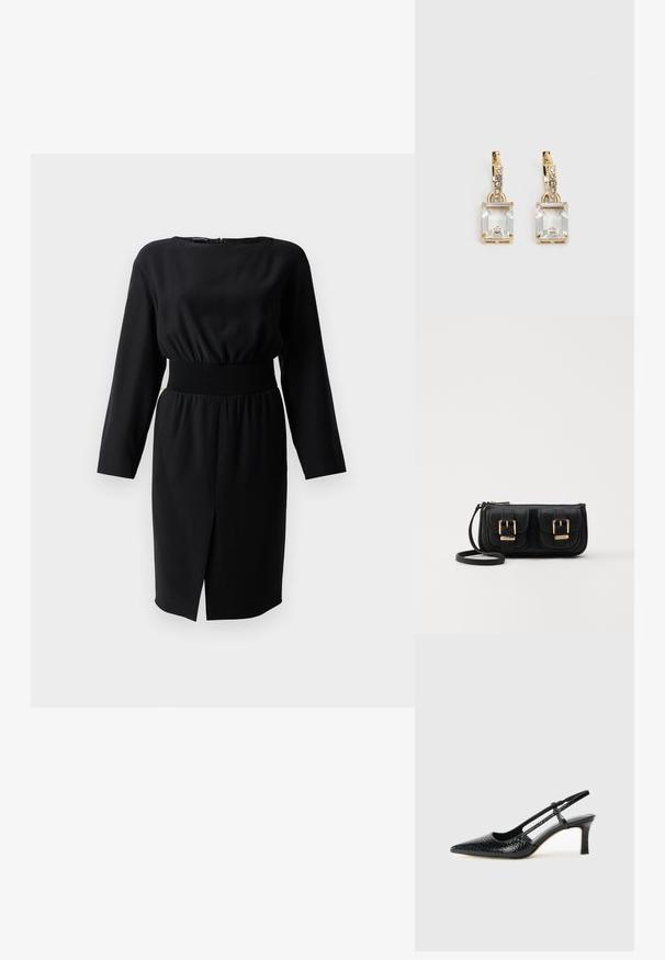 Svart långärmad klänning med rund halsringning, elastisk midja, strukturerad tyg och en sidoklyvning. Dragkedja i ryggen.; Svart lackskin slingback-häl med spetsig tå, med texturerad ormskinnsprint, justerbar rem och en kort, texturerad blockklack.; Svart läderaxelväska med två framfickor, guldspännen, dragkedjestängning och en smal rem. Texturerad yta och kompakt rektangulär form.; Guldtonade örhängen med en rektangulär, klar kristall som hänger under en rad av små, runda klara accenter. Snygg, modern design.