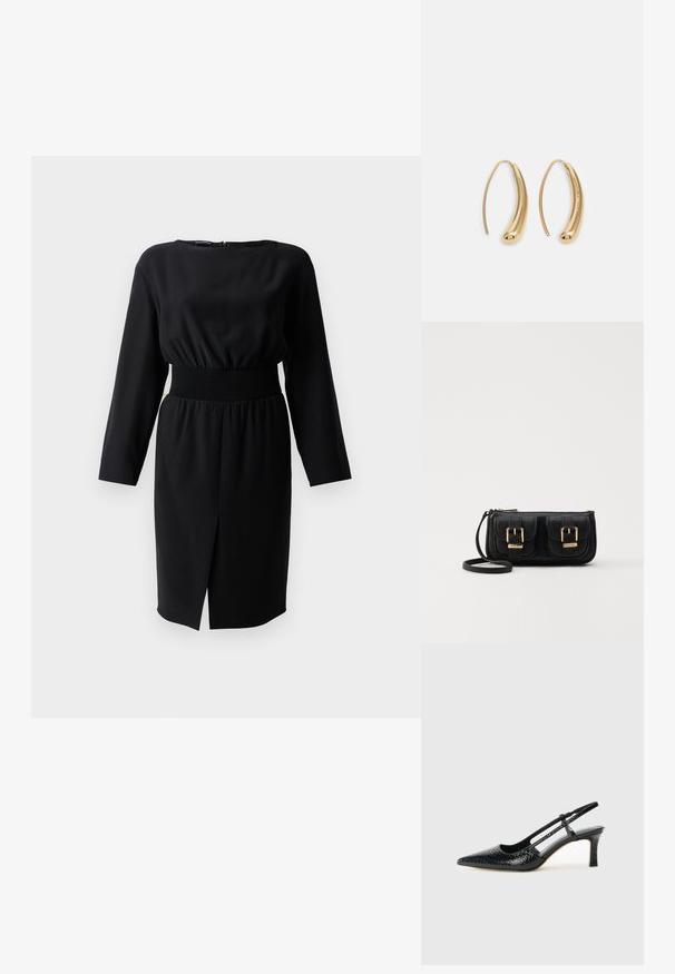 Černé dlouhé šaty s dlouhým rukávem a kulatým výstřihem, elastickým pasem, texturovanou tkaninou a bočním rozparkem. Zapínání na zip na zadní straně.; Černé lakované slingback podpatky s špičatou špičkou, zdobené texturovaným hadím vzorem, nastavovacím páskem a krátkým texturovaným blokovým podpatkem.; Černá kožená crossbody taška se dvěma předními kapsami, zlatými přezkami, zipovým uzávěrem a štíhlým popruhem. Texturovaný povrch a kompaktní obdélníkový tvar.; Náušnice ve tvaru kruhu z pozlaceného kovu s vroubkovaným, prodlouženým tvarem. Mají hladký, lesklý povrch a zaoblený konec pro zvýraznění detailu.