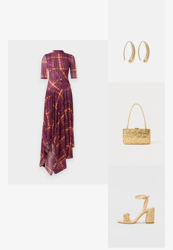 Violeta un oranžs rūtainais kleitas ar īsām piedurknēm, imitētu kakla izgriezumu, asimetrisku apakšmalu un plūstošām plikām ar ģeometrisko rakstu sajaukumu.; Bēšas augstpapēžu sandaļi ar pītas faktūras dizainu, kas ietver dekoratīvu ziedu un potītes siksnu. Kvadrātveida papēdis nodrošina stabilitāti.; Zelta sekmju soma ar taisnstūra formu, kurai ir savīti ķēdes rokturi un metāla aizdare, kas atspoguļo gaismu ar teksturētu apdari.; Zelta toņu metāla gredzena auskari ar izliektu, pagarinātu formu. Ar gludu, spīdīgu virsma un noapaļotu galu papildu detaļām.