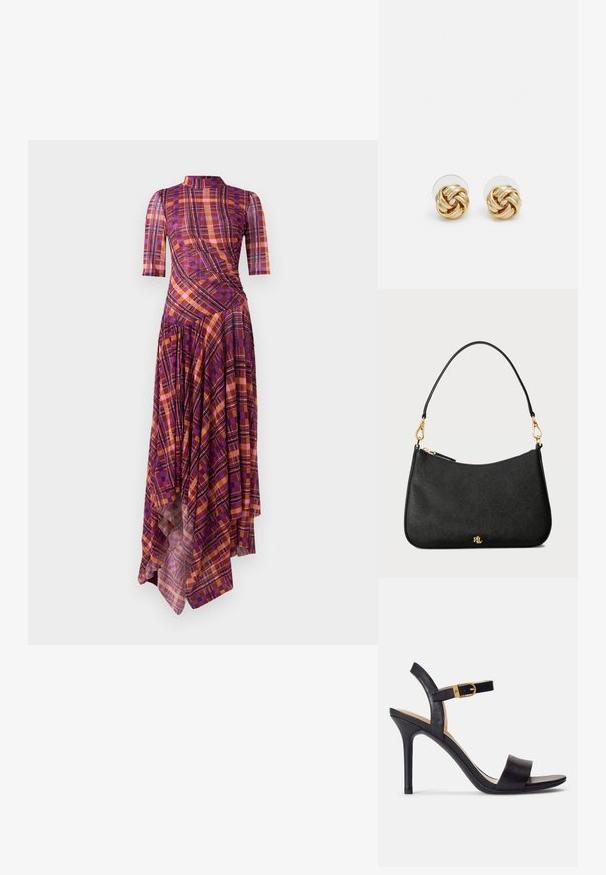 Fialovo-oranžové kostkované šaty s krátkými rukávy, stojáčkovým límcem, asymetrickým lemem a volnými záhyby, které obsahují kombinaci geometrických vzorů.; Černé sandály na vysokém podpatku s hladkým koženým svrškem, otevřenou špičkou a designem s jedním popruhem, ozdobené zlatou sponou.; Černá kožená kabelka se strukturovaným designem, obsahující zipové uzavření, odnímatelný popruh a zlaté kovové detaily.; Náušnice ve zlatém tónu ve tvaru uzlu s propleteným designem. Každá náušnice má kulatou průhlednou oporu pro bezpečné nošení.