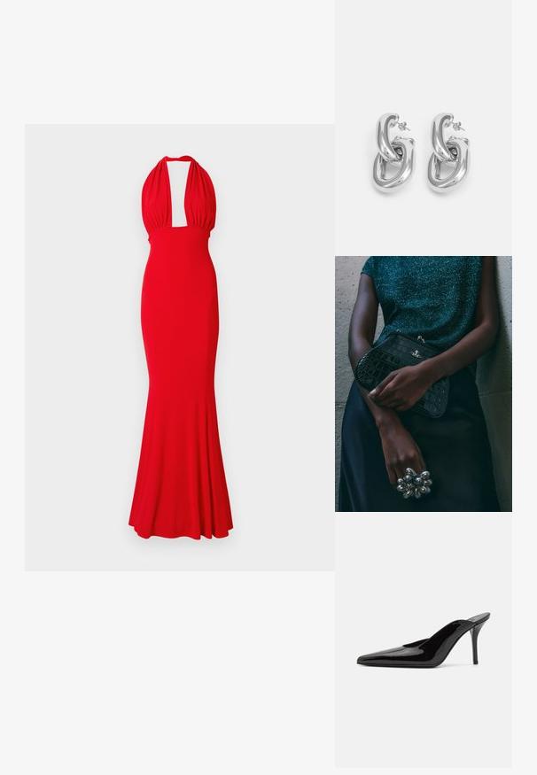 Sarkans halterkleita, izgatavota no pieguļoša auduma, ar dziļu izgriezumu un platu apakšmalu. Jauka tekstūra bez redzamām rakstu vai rotājumu detaļām.; Melnas patentētas ādas augstpapēžu muļlas ar smailu purngalu un gludu siluetu, ar atvērtu aizmuguri un slaidu stiletto papēdi.; Melna krokodilā ādas raksta rokassoma ar sudraba detaļām, turēta pretī tekstūrētai pelēkai fona. Iespējo spīdīgu virsmu.; Rabanne XL LINK DOUBLE HOOP EARRING - Auskari - silver-coloured