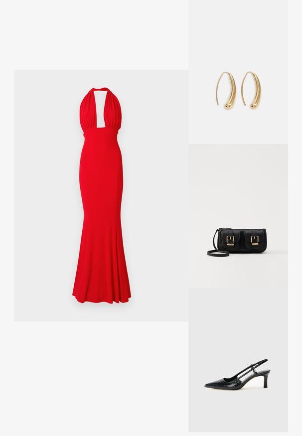 Punane kätetähisega kleit, mis on valmistatud kitsast kangast, millel on sügava dekoltee ja laienev hem. Sile tekstuur ilma nähtavate mustrite või kaunistusteta.; Mustmust paelad, millel on terav varvas, tekstuuriga maduprindiga, reguleeritav rihm ja lühike tekstuuriga plokknina.; Must küllastamata nahast õlakott, millel on kaks esist nähtavat taskut, kuldsed pandlad, tõmblukuga sulgemine ja peen rihm. Tekstuuriga pind ja kompaktne ristkülikukujuline kuju.; Kuldtoonilised metallist rõngas kõrvarõngad, millel on kõver ja piklik kuju. Omavad siledat, läikivat pinda ja ümarat tipptugevdust, mis lisab detaili.