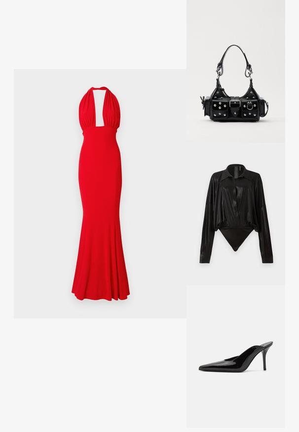 Vestido halter vermelho feito de tecido ajustado, com um decote profundo e uma barra evasê. Textura suave sem padrões ou adornos visíveis.; Bodysuit preto com mangas longas, decote em V e silhueta ajustada. Feito de um tecido brilhante e suave, com colarinho e punhos estruturados.; Mule de salto alto em couro envernizado preto com ponta fina e uma silhueta elegante, apresentando um calcanhar aberto e um salto stiletto esbelto.; Bolsa de couro preta com um design curvado, apresentando tachas prateadas, uma fivela e dois bolsos laterais. Alça ajustável para opções de transporte.