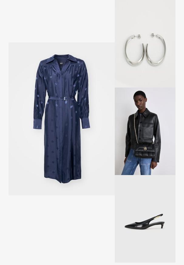 Jūrinės satino suknelė su ilgomis rankovėmis, apykakle ir diržu. Savybė yra subtilus raštuotas tekstūra ir mygtukų uždarymas priekyje.; Juodas odinis pavasario batelių modelis su smailiu nosiu, turintis siaurą kulniuką ir auksinės spalvos akcentu reguliuojamoje juostoje. Lygi tekstūra.; Juodas odinis švarkas su mygtukų uždarymu ir dviem priekinėmis kišenėmis, sujungtas su juodu siuvinėtu rankiniu krepšiu, turinčiu auksinį užsegimą ir grandinėlės dirželį.; Sidabriniai apvalūs auskarai su lygiu, išlenktu dizainu. Yra blizgus metalinis paviršius ir smeigtukų uždarymas. Nėra matomų raštų ar akcentų.