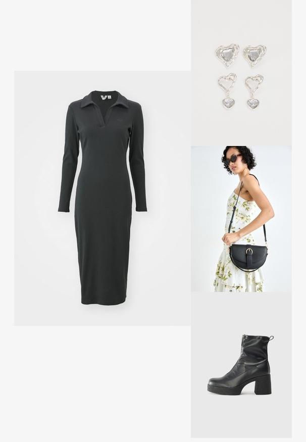 Schwarzes, langärmeliges, geripptes Kleid mit Polo-Kragen und Schlitz am Saum. Mit einem dezenten Logo auf der Brust. Elegantes, tailliertes Design.; Schwarze Stiefeletten aus glattem Leder mit seitlichem Reißverschluss, klobigem strukturiertem Absatz und runder Zehenform.; Schwarze Lederhandtasche mit geschwungener Form, abnehmbarem Tragegurt und goldenen Beschlägen. Die Tasche verfügt über einen Deckel mit einer Schnallen-Details.; Silberne herzförmige Ohrringe mit facettierten klaren Steinen und einem strukturierten Rahmen. Das Set umfasst Stecker- und Anhänger-Stile.