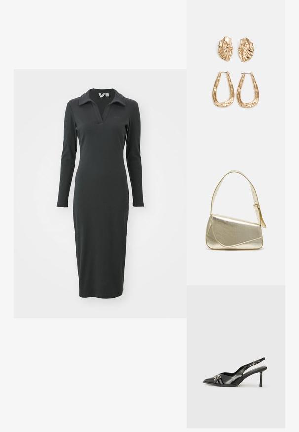 Svart, langermet, ribbete kjole med polo-krage og splitt nederst. Har en subtil logo på brystet. Elegant, figursydd design.; Sorte patentlær slingback-sko med spiss tå, ankelremmer med sølvspenner og detaljer, og en slank hæl.; Gullfarget metallisk håndveske med en strukturert design, glatt tekstur og justerbar stropp. Har en unik trekantet form og minimalistisk søm.; Gullfargede øredobber med teksturerte, bølgete former. Inkluderer skulpturelle klipsstuds og åpen hoop-design med en hamret finish.