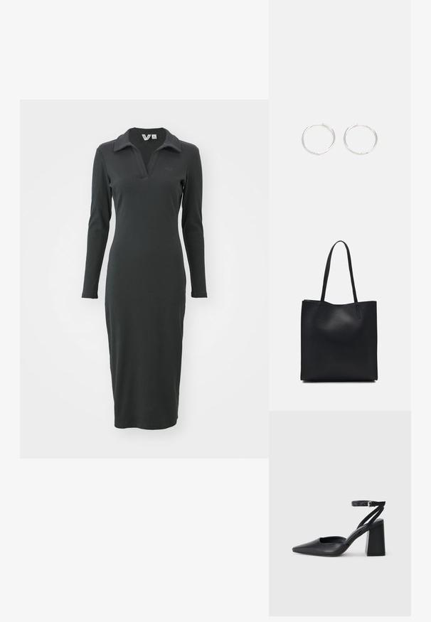 Sort, langærmet, ribbet kjole med polo krave og slids i bunden. Har et diskret logo på brystet. Elegant, tætsiddende design.; Sort læder spidse pumps med ankelrem og en chunky hæl. Flad tekstur, slankt design og minimalistisk æstetik.; Sort læder tote taske med glat tekstur, rektangulær form og to lange hanke. Ingen synlig hardware eller udsmykninger.; Sølv hoop øreringe med et slankt, rundt design, der har en glat overflade og ingen synlige udsmykninger. Diameter ikke specificeret.