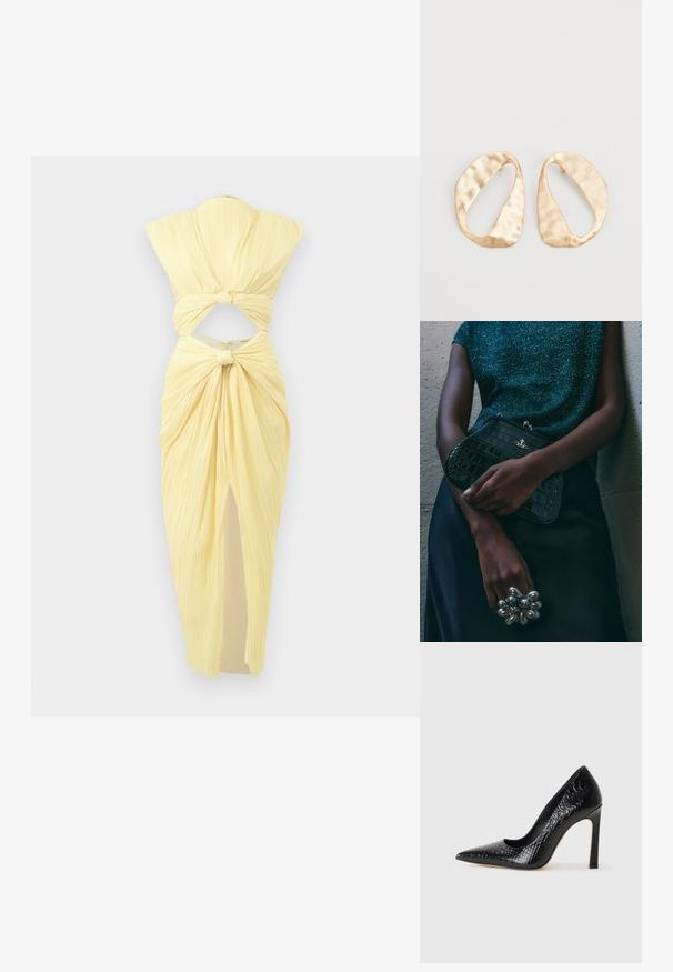 Cult Gaia INAYA DRESS - Koktélruha / Partiruha - daffodil; Fekete hegyes orrú magassarkú cipő krokodilbőr textúrával, letisztult dizájnnal, magas tűsarkú és sima fekete belső résszel.; Fekete krokodilbőr mintázatú válltáska ezüst hardware-rel, egy texturált szürke háttér előtt tartva. Fényes felülettel rendelkezik.; Egy pár szabálytalan, ovális formájú, aranyszínű fém fülbevaló, enyhén kalapált felülettel, fehér háttéren.