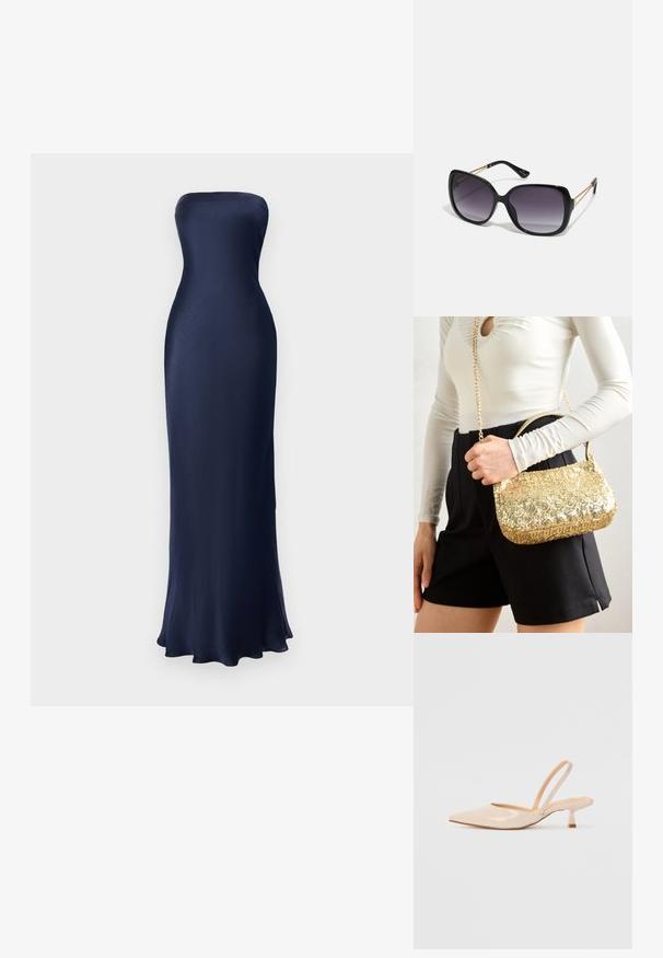 Bezramenné, dlouhé šaty v námořnické modři. Hladký, lesklý materiál s přiléhavým střihem a rozšířeným lemem. Minimalistický design, žádné viditelné vzory.; Béžové lakované kožené lodičky se špičatou špičkou a štíhlým čtvercovým podpatkem. Hladký povrch a minimalistický design bez ozdob.; Černé oversized sluneční brýle se gradientními skly, silnými rámy a zlatými řetízkovými detaily na nožičkách.; Zlatá kabelka s flitry v obdélníkovém tvaru, vybavená krátkým uchopením a dlouhým řetízkovým popruhem. Textura je lesklá a reflexní.