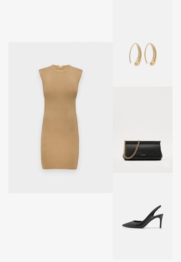 Strick ärmelloses Kleid in helle Beige, mit hohem Kragen und figurnaher Silhouette. Gewebe mit glatter Textur und minimalen Details.; Schwarze Leder Slingback High Heels mit einem spitzen Zehendesign, das an der Vorderseite ein Ausschnitt hat und einen dünnen Stilettoblock. ; Schwarze Leder-Clutch mit einer goldenen Ketten-Trage, die eine glatte Oberfläche, rechteckige Form und geprägtes Branding auf der Vorderseite aufweist.; Goldfarbene Metall-Hoops mit einer geschwungenen, länglichen Form. Sie verfügen über eine glatte, glänzende Oberfläche und eine abgerundete Spitze für zusätzliche Details.