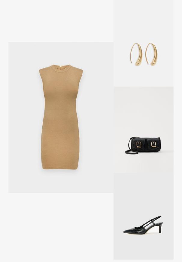 Knit sleeveless dress in light beige, featuring a high neckline and form-fitting silhouette. Smooth texture with minimal detailing.; Black patent slingback heel with a pointed toe, featuring textured snake print, adjustable strap, and a short, textured block heel.; Black leather crossbody bag with two front pockets, gold buckles, zipper closure, and a slim strap. Textured surface and compact rectangular shape.; Gold-tone metal hoop earrings with a curved, elongated shape. Features a smooth, shiny surface and a rounded tip for added detail.