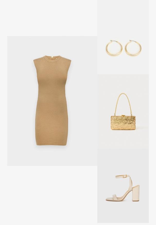 Kootud ilma varrukateta kleit heleses beezis, millel on kõrge kaelus ja keha ligi istuv siluett. Sile tekstuur minimaalsete detailidega.; Beez värvi kõrge kontsaga sandaal ruudukujulise varba, peene pahkluu rihma ja plokknupuga. Sile nahk текстuur kuldse pandlaga detailiga.; Kullatud kaunistustega kott ristküliku kujuga, millel on keeratud ahelast käepide ja metallist lukuga sulgur, peegeldades valgust tekstuurse viimistlusega.; Kuldtooni rõngashelmestega kõrvarõngad, millel on sile ja ümar disain, õhukese traadist lukuga ning poleeritud viimistlus, mis tagab läikiva välimuse.