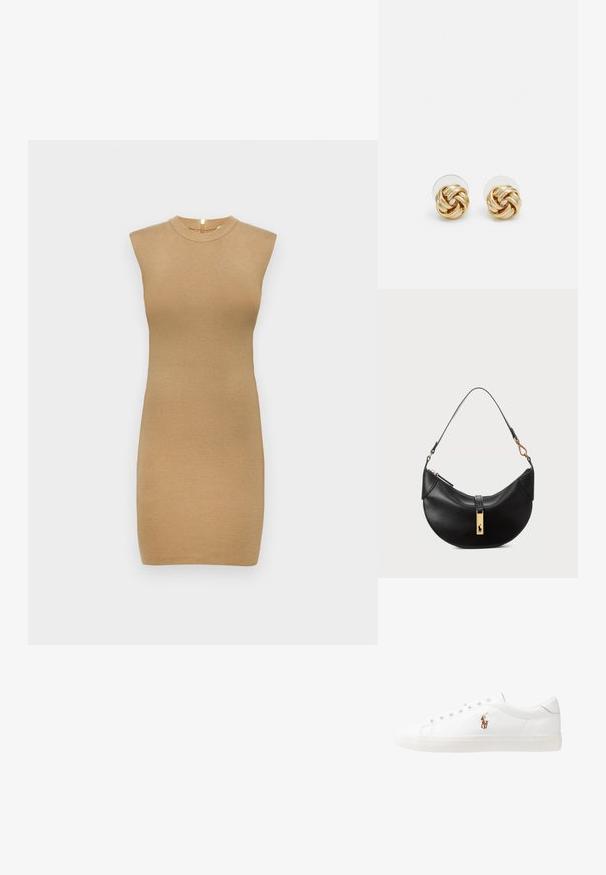 Pletené bezrukávové šaty ve světle béžové barvě, s vysokým výstřihem a přiléhavým střihem. Hladká textilie s minimem detailů.; Bílé kožené tenisky, nízký střih, s hladkým povrchem, kulatou špičkou, šněrováním v přední části a malým vyšitým logem na boku.; Černá kožená kabelka ve tvaru půlměsíce. Obsahuje zlaté kovové detaily a úzký popruh. Hladký povrch, zapínání na zip na vrchu.; Náušnice ve zlatém tónu ve tvaru uzlu s propleteným designem. Každá náušnice má kulatou průhlednou oporu pro bezpečné nošení.