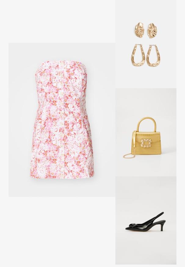 Rochie florală fără bretele, dintr-un material de bumbac roz și alb, cu un decolteu în formă de buton pe față și o siluetă ajustată, în formă de A.; Pantofii slingback din piele veritabilă neagră cu vârf ascuțit, tocul mic și un accent proeminent sub formă de fundă pe parte superioară. Textură netedă și design elegant.; Geantă galbenă din faux-crocodil cu un design structurat, mână superioară, curea detașabilă cu lanț și embellisment decorativ cu cristale pe închidere.; Cercei aurii cu forme texturate și ondulate. Include studs sculpturale cu clip și un design de cerc deschis cu un finisaj cioplit.
