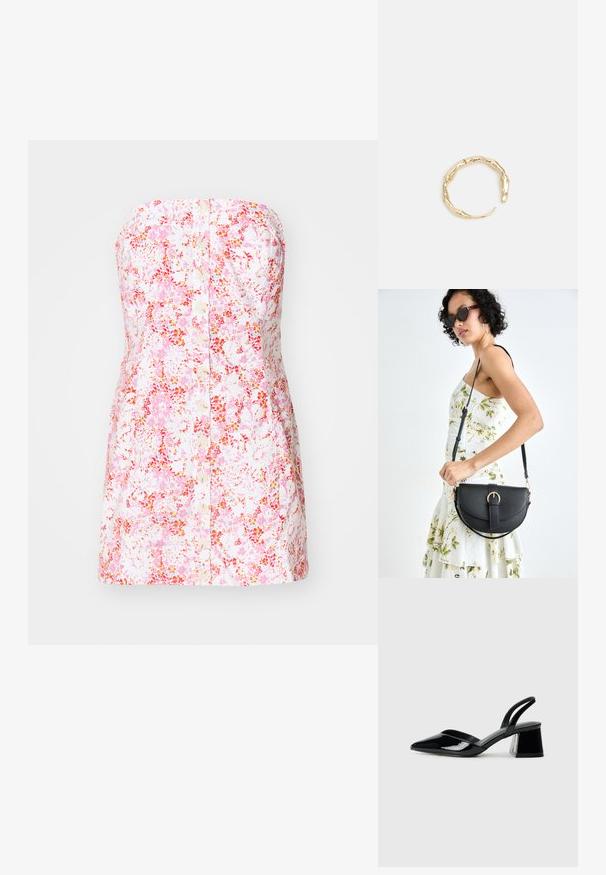 Bezramenné kvetinové šaty z ružovej a bielej bavlny, s predným zapínaním na gombíky a priliehavým, áčkovým strihom.; Čierne lakované kožené sandálové podpätky s špicatou špičkou a geometrickým blokovým podpätkom. Disponujú elegantným, minimalistickým dizajnom a hladkým povrchom.; Čierna kožená kabelka s zaobleným tvarom, odnímateľným popruhom a zlatými doplnkami. Kabelka má klopu s detailom s prackou.; Prsteň v zlatej farbe s organickým, skrúteným dizajnom, hladkým povrchom a zužujúcimi sa koncami, vytvárajúci moderný, sochársky vzhľad.