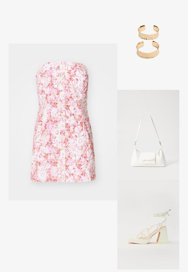 Haljina bez naramenica s cvjetnim uzorkom u ružičastoj i bijeloj boji, izrađena od pamučne tkanine, s gumbima sprijeda i uskim A-linijskim siluetom.; Bijela sandala na visokoj potpetici s debelim petom, s remenom i vezanjem oko gležnja. Glatka tekstura s platformom sprijeda za dodatnu visinu.; Bijela sintetička torbica s trokutastim oblikom, ravnim prednjim poklopcem i detaljem u obliku mašne, podesivom remenom, glatkom teksturom i minimalističkim dizajnom.; Zlatno-tonirani metalni manšete s udarenom teksturom, sa otvorenim dizajnom i glatkim rubovima. Prikazane su dvije veličine: jedna šira, jedna uža.