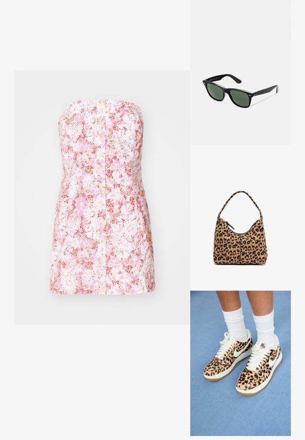 Ärmlös blommig klänning i rosa och vit bomullstyg, med knäppning framtill och en figurnära, A-linjeformad silhuett.; Nike Air Force 1-sneakers med leopardmönster, vita snören och swoosh, med en beige gummisula och texturerad ovansida. Vita herrstrumpor synliga.; Svarta plastsolglasögon med gröna linser, fyrkantiga bågar, silverdetalj på ögonbrynet och texturerade skalmar. Angiven märkning på den inre skalmen.; Leopardmönstrad väska med en krökt handtag, tillverkad av mjukt tyg, med en dragkedjestängning högst upp och svarta detaljer vid kanterna.