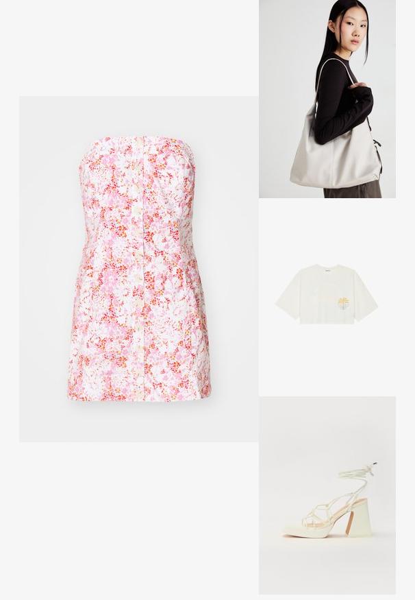 Bezramenné kvetinové šaty z ružovej a bielej bavlny, s predným zapínaním na gombíky a priliehavým, áčkovým strihom.; Zastrihnuté biele tričko z bavlny s krátkymi rukávmi, s grafikou žltej palmy a modrej vlny na ľavej hrudi.; Biele sandále na vysokom opätku s hrubým podpätkom, s pruhovaným dizajnom a viazaním na členku. Hladký povrch s platformou vpredu pre zvýšenú výšku.; Béžová kabelka vyrobená z mäkkého materiálu, s uvoľneným dizajnom, prišitými detailmi a dvoma popruhmi na nosenie na pleciach. Vhodná na každodenné nosenie.