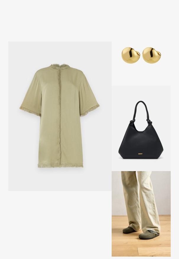 Maslinasto zelena bluza kratkih rukava s okruglim izrezom i resicama duž prednje strane i rukava. Napravljena od mekanog materijala, ležeran kroj.; Osoba u svijetlosmešavim širokim hlačama i maslinasto zelenim antilop mokasinkama s kopčom na svijetlom drvenom podu.; Crna kožna torba koja ima teksturiranu završnu obradu, ručke s čvorovima i zlatni logotip na dnu. Ima opuštenu siluetu.; Pilgrim JACE - Naušnice - gold-coloured