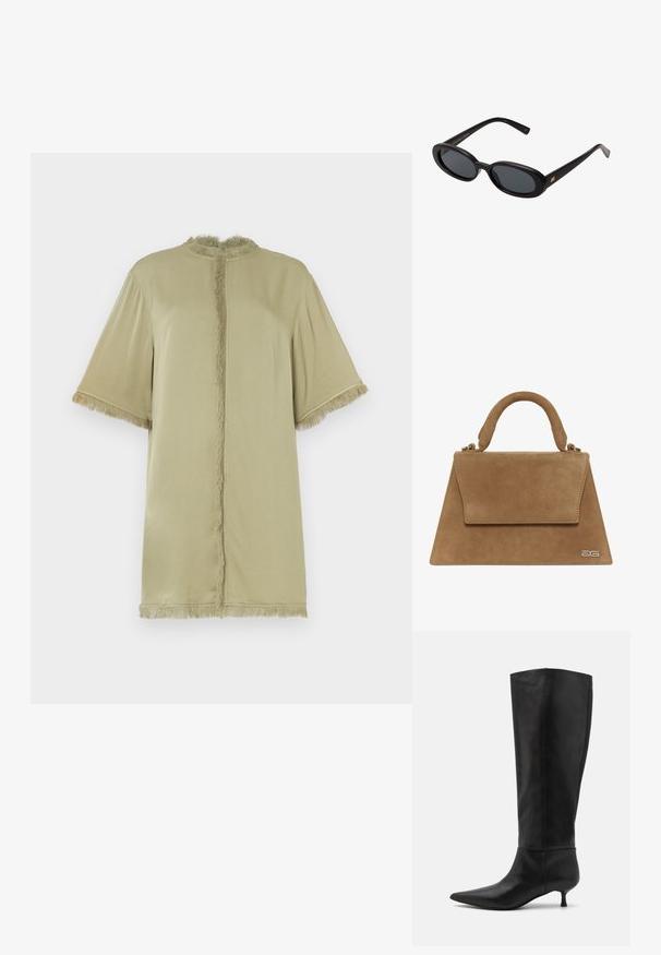 Olive green short-sleeve top with a round neckline and fringe detailing along the front and sleeves. Made of soft fabric, relaxed fit.; Knee-high black leather boots with a pointed toe and a kitten heel. Smooth texture and minimalist design without visible hardware or accents.; Black oversized sunglasses with oval lenses, smooth plastic frame, and gold accents on temple. Dark lenses provide sun protection.; Brown suede handbag with a structured triangle shape, a top handle, and a flap closure. Features subtle logo detail on the side.