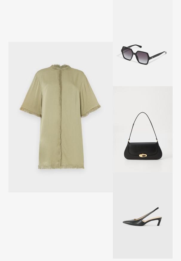 Olivno zelena kratka majica s kratkimi rokavi in okroglim izrezom, s frufru detajli ob sprednjem delu in rokavih. Narejena iz mehke tkanine, sproščen kroj.; Črne čevlje s koničastimi nosovi in slingback obliko z nizko peto, izdelane iz gladke usnjene materiale ter s črtasto zasnovo na strani za prezračevanje.; Črne heksagonalne sončna očala z gradientnimi lečami, s sijočo površino in diskretnim logotipom na robu. Trajna plastična zasnova.; Črna usnjena torba s ukrivljeno zasnovo, z zlatimi dodatki in zgornjim ročajem. Ima eleganten zapirni mehanizem in gladko teksturo.
