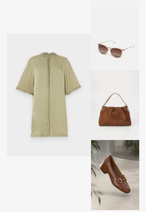 Olivgrünes Kurzarmoberteil mit Rundhalsausschnitt und Fransenverzierung an der Vorderseite und den Ärmeln. Aus weichem Stoff, lockere Passform.; Braune Lackleder-Loafer mit quadratischer Zehenpartie, metallischem Kettenakzent und niedrigem Blockabsatz; glatte Textur, minimalistisches Design.; Braune Farbverlauf-Sonnenbrille mit einem durchscheinenden rosa Rahmen, quadratischer Form und dünnen Metallbügeln. Verfügt über abgerundete Kanten und minimale Details.; Braune Wildlederhandtasche mit einem gerafften Design, ausgestattet mit einem einzelnen hellbraunen Ledertragegurt und einem subtilen goldenen Logo-Detail auf der Vorderseite.
