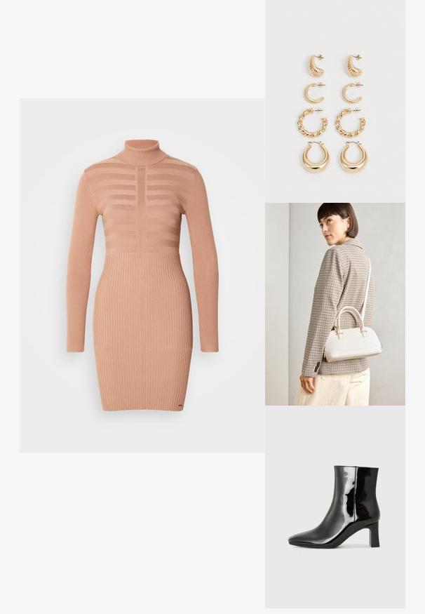 Vestito in maglia in morbido pesca con collo alto. Presenta una texture a coste che contrasta con sezioni a righe sul corpino e sulle maniche.; Stivaletto in pelle verniciata nera con punta a punta e tacco a blocco di altezza media. Texture liscia e design minimalista.; Borsa a mano bianca strutturata con manici corti e tracolla, dotata di dettagli in metallo dorato e materiale testurizzato, esposta su uno sfondo grigio.; Set di cinque orecchini d'oro, con design vari: superfici intrecciate, rigate e lisce in forme ad anello e a mezzaluna.