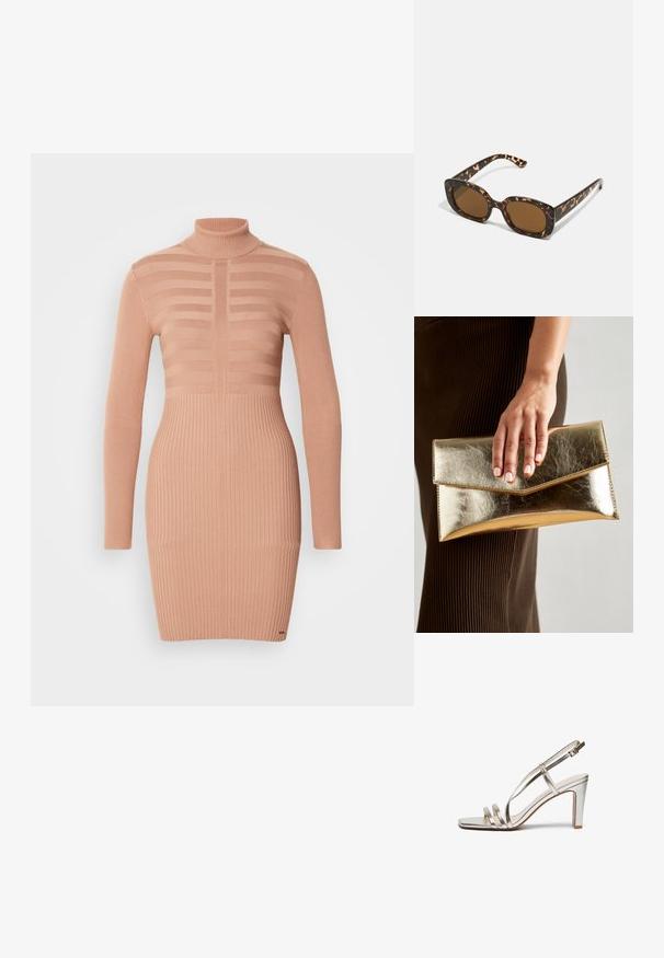 Gebreide jurk in zacht perzik met een hoge hals. Heeft een geribbelde textuur die contrasteert met gestreepte secties op het bovenlijf en de mouwen.; Metallisch zilveren hoge hak sandaal met een open teen, voorzien van drie dunne banden over de voet en een enkelband met een gesp.; Tortoiseshell zonnebril met een ronde, stevige montuur en bruine lenzen. Heeft subtiele patronen en rechte, taps toelopende veren.; Gouden metallic clutchbag met een gladde textuur, voorzien van een driehoekige klep sluiting. De hand die het vasthoudt heeft netjes manicured nagels.