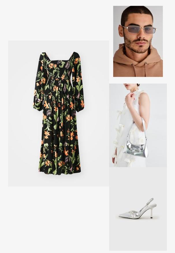 Rochie neagră cu flori, cu mâneci lungi și puffate, decolteu pătrat, bust smockat și modele tropicale vibrante în nuanțe de portocalie și verde pe un material fluid.; Pantofii cu toc înalt, argintii, cu vârf ascuțit, finisaj metallic, două curele decorative și un toc subțire cu vârful negru.; Ochelari de soare gri, cu rame din metal subțiri, cu lentile mari și o nuanță subtilă de maro. Purtați cu un hanorac bej. Fundal neutru.; Geantă metalică argintie cu o formă structurată, având un mâner superior și un detaliu sub formă de fundă pe față. Textură netedă, finisaj reflexiv.