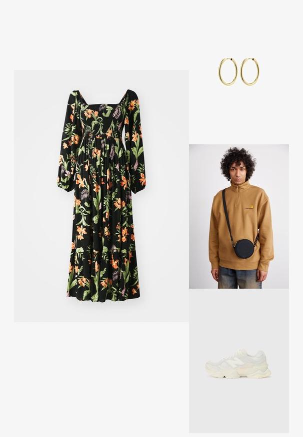 Vestido negro con flores, con mangas largas abullonadas, escote cuadrado, cuerpo fruncido y vibrantes patrones tropicales en naranja y verde sobre una tela fluida.; Zapatilla ligera con parte superior de malla y ante en suaves tonos crema, con una suela gruesa y acentos tridimensionales.; Sudadera de forro polar marrón con cremallera de un cuarto y logo bordado, combinada con un bolso negro tipo bandolera con cremallera y detalle del logo, usado sobre unos vaqueros.; Pendientes de aro de metal dorado con un acabado suave, forma circular y cierre seguro. Superficie pulida sin patrones o acentos visibles.