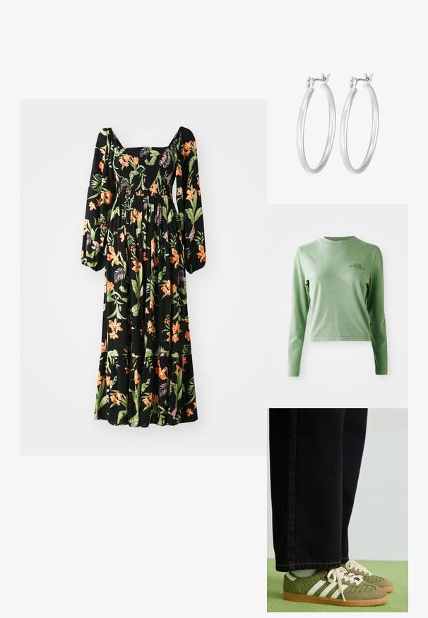 Robe noire à fleurs avec de longues manches bouffantes, décolleté carré, corsage smocké et motifs tropicaux vibrants orange et vert sur un tissu fluide.; T-shirt à manches longues vert clair en coton doux, avec un col rond et un petit logo imprimé sur le côté supérieur gauche.; Baskets tissées vertes avec des rayures blanches, des accents en daim et une semelle en caoutchouc gomme, associées à un pantalon en denim noir.; Boucles d'oreilles en argent avec une finition lisse et polie. Forme ronde et fermeture à clip sécurisée. Design léger adapté pour un port quotidien.