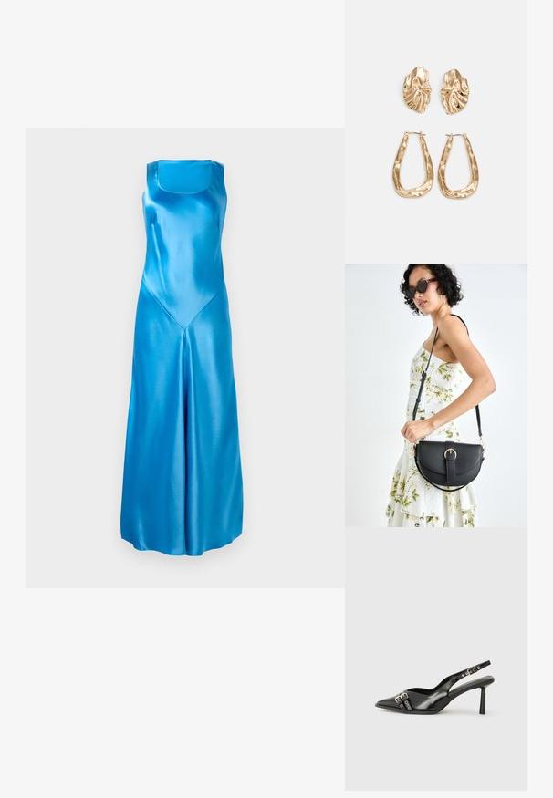 Modra satenasta dolga obleka s kvadratnim izrezom, ravnim krojem in V-obliki šiva na sprednji strani. Gladek tekstura z bleščečim zaključkom.; Črne patentne usnjene sandale s koničastim nosom, zankami okoli gležnja s srebrnimi sponkami in opremo ter vitkimi petami.; Črna usnjena torbica s ukrivljeno obliko, z odstranljivo naramnico in zlatimi dodatki. Torbica ima pokrov s podrobnostmi v obliki zaponke.; Zlato obarvani uhani z teksturiranimi, valovitimi oblikami. Vključujejo skulpturalne sponke za ušesa in odprto obliko obročka s kladivastim finišem.