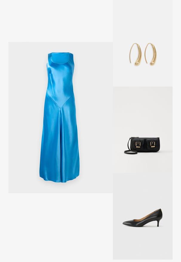 Mėlyna satino ilga suknelė su kvadratinio iškirpte, tiesiu siluetu ir V formos siūlės detalė priekyje. Lygi tekstūra su blizgiu paviršiumi.; Juodos odinės aukštakulnės bateliai su smailiu nosiu, žemu kulnu ir lygiu paviršiumi. Priekyje yra nedidelis atvirumas, o gale minimalus apdaila.; Juodas odinis per petį nešiojamas krepšys su dviem priekiniais kišenėmis, auksiniais sagtimis, užtrauktuko uždarymu ir siauromis petnešomis. Textūruota paviršius ir kompaktiškas stačiakampis formatas.; Auksinės metalinės auskarų kabės su lenktą, pailgą forma. Turi lygų, blizgantį paviršių ir užapvalintą galiuką papildomam akcentui.