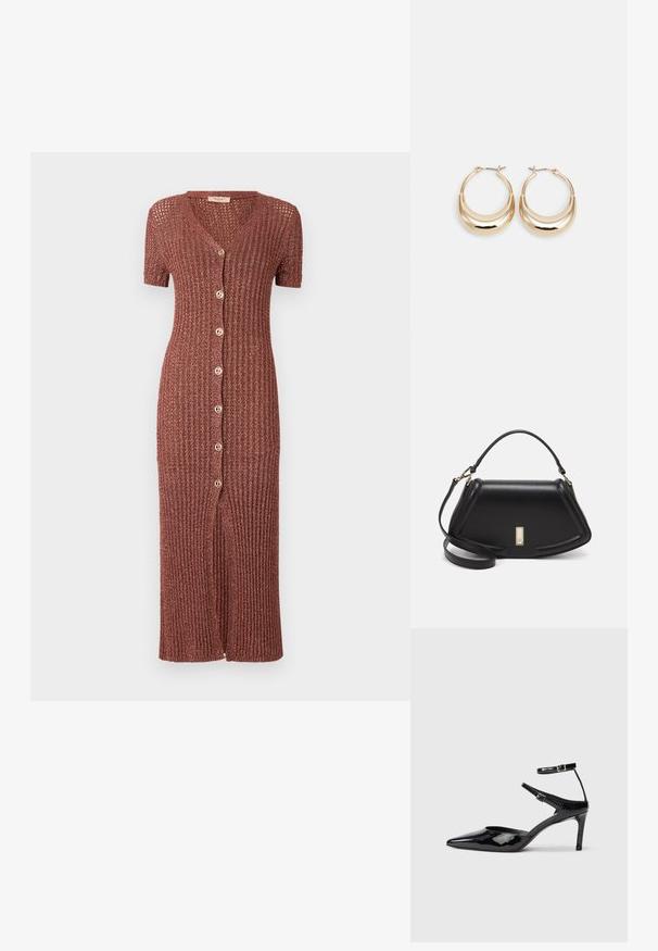 Robe côtelée jusqu'aux genoux de couleur rouille, avec un décolleté en V, des manches courtes, et six boutons à l'avant avec un détail de fente centrale.; Talons en cuir verni noir avec un bout pointu, des sangles de cheville ajustables et un talon fin. Texture lisse avec une finition brillante.; Sac à main en cuir noir avec un design structuré, featuring une forme cropped, une poignée supérieure et des accents en matériel doré. Bandoulière réglable incluse.; Boucles d'oreilles créoles dorées en forme de croissant, avec une surface polie et un fermoir à charnière. La texture lisse et la finition réfléchissante améliorent la visibilité.