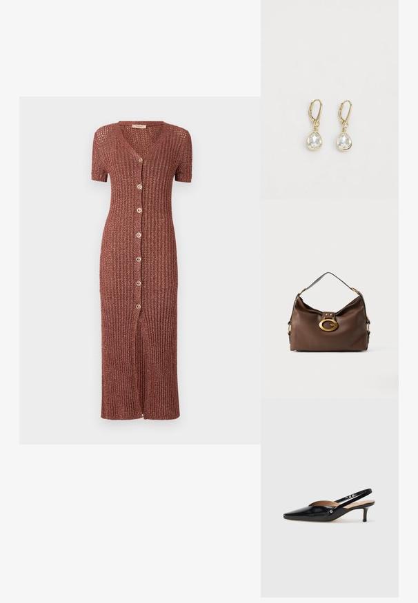 Knielanges geripptes Kleid in Rostfarbe, mit V-Ausschnitt, kurzen Ärmeln und sechs vorderen Knöpfen sowie einem Mittelschlitz-Detail.; Schwarze Lackleder Slingback-Pump mit spitzem Zehenbereich, kleinem Absatz und einem Ausschnittdesign auf dem Vorderteil. Hardware in Goldton als Akzent an der Seite.; Braune Handtasche aus Leder mit strukturiertem Finish, ausgestattet mit einem goldfarbigen Verschluss und einem einzigen, geschwungenen Schulterriemen.; DKNY TEARDROP - Ohrringe - gold-coloured