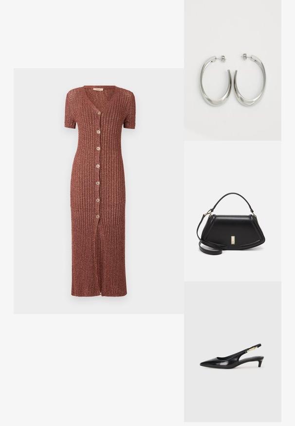Knee-length ribbed dress in rust color, featuring a V-neck, short sleeves, and six front buttons with a center slit detail.; Mustat nahkaiset slingback-korkokengät, joissa on terävä kärki, ohuet korot ja kultasävytteinen yksityiskohta säädettävässä hihnassa. Silkkinen pinta.; Mustalla nahkalaukulla, jossa on jämäkkä muotoilu, lyhyt malli, yläkahva ja kultaiset yksityiskohdat. Säädettävä olkahihna sisältyy.; Hope hopeista, joissa on sileä, kaareva muotoilu. Varustettu kiiltävällä metallipinnoitteella ja nappikiinnityksellä. Ei näkyviä kuvioita tai koristeluja.
