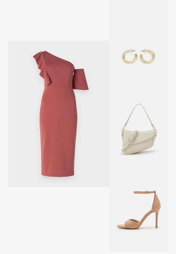 Prilagođena haljina na jedno rame u boji dusty rose, s naboranim detaljima na ramenu i elegantnim siluetom do polu-teleta.; ALDO CRERIDE PILLOW WALK - Sandale - beige; Mala krem torbica s teksturiranim finišom, dugačkim podesivim remenom, lančanim detaljem i preklopom. Zlaćani hardver.; Zlatne kružne naušnice s glatkom, sjajnom završnom obradom. Kružni dizajn s malom potporom i prozirnom podlogom za sigurno nošenje.