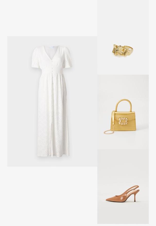 White maxi dress with a V-neck, short puff sleeves, button front, and embroidered dot pattern. Fabric is lightweight with a loose fit.; Pointed toe slingback heel in a smooth, glossy tan material. Features a curved cutout design and a slender stiletto heel. Silver buckle detail.; Yellow faux-crocodile handbag with a structured design, top handle, detachable chain strap, and decorative crystal embellishment on the clasp.; Gold ring with textured, wavy design featuring three prominent peaks. Smooth, shiny surface with an open band for adjustable fit.