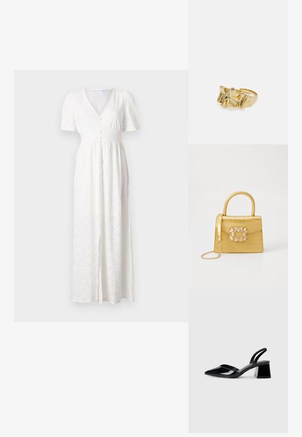 Valge maxi kleit V-kaelusega, lühikeste puhvärvidega, nööbifront ja brodeeritud täppmustriga. Kangas on kerge ja lahtise lõikega.; Mustad musta lakknahk kingad, millel on terav varvas ja geomeetriline plokkkonts. Omab elegantselt minimalistlikku disaini ja sujuvat tekstuuri.; Kollane faux-krokodilli käsipindaga kott, millel on struktureeritud disain, ülemine käepide, eemaldatav kettmass ja dekoratiivne kristallkaunistus klambril.; Kuldne sõrmus tekstureeritud, lainelise disainiga, millel on kolm silmapaistvat tippu. Sile, läikiv pind ja avatud riba, mis võimaldab reguleeritavat sobivust.