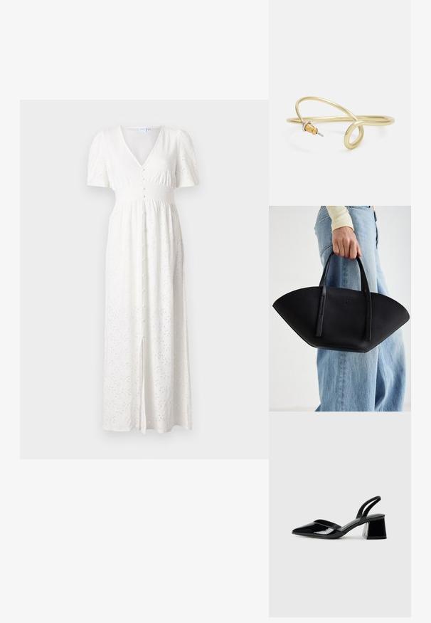Bjela maxi haljina s V-izrezom, kratkim nabranim rukavima, prednjim kopčanjem na gumbe i izvezenim točkastim uzorkom. Materijal je lagan i ima slobodan kroj.; Crne lakirane kožne sandale s otvorenom petom i špicastim vrhom, s geometrijskom blok petom. Imaju elegantan, minimalistički dizajn i glatku teksturu.; Crna kožna torba jedinstvenog oblika ventilatora, s ravnim ručkama. Površina ima teksturu sličnu šljunku i minimalistički dizajn.; Zlatna metalna narukvica s fluidnim, zavojitim dizajnom. Sadrži mali, istaknuti srebrni akcent na jednom kraju.