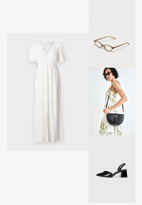 Biela maxi sukňa s výstrihom do V, krátkymi nariasenými rukávmi, zapínaním na gombíky a vyšívaným bodkovaným vzorom. Materiál je ľahký a voľný strih.; Čierne lakované kožené sandálové podpätky s špicatou špičkou a geometrickým blokovým podpätkom. Disponujú elegantným, minimalistickým dizajnom a hladkým povrchom.; Hnedé želvovinové okuliare s oválnymi sklíčkami, tenkými ramenami a priesvitnými akcentmi. Obsahujú jemný logo na stranici. Štýlový, ľahký dizajn.; Čierna kožená kabelka s zaobleným tvarom, odnímateľným popruhom a zlatými doplnkami. Kabelka má klopu s detailom s prackou.