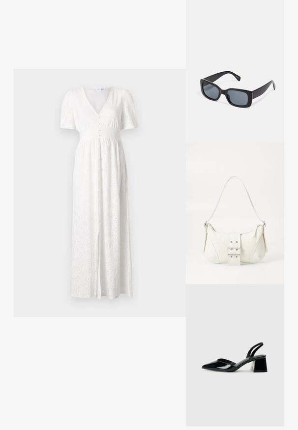 Hvid maxi kjole med V-udskæring, korte puffærmer, knaplukning foran og broderet prikkemønster. Stof er let og med en løs pasform.; Sorte patentlæder slingback hæle med spids tå og en geometrisk blok hæl. Har et elegant, minimalistisk design og en glat tekstur.; Sorte rektangulære solbriller med mørkt tonede linser, tyk plastramme og brede stænger. Glat overflade og kantet design.; Hvid skuldertaske med en tekstureret overflade, et centralt spænde og en buet form. Lynlåslukninger på begge sider.