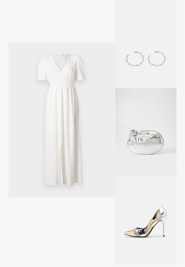 Rochie maxi albă cu decolteu în V, mâneci scurte tip puff, închidere cu butoane și model brodat cu puncte. Fabrică ușoară cu o croială lejeră.; Pantof cu toc înalt și vârf ascuțit, cu o schemă de culori argintii, aurii și nude. Finisaj lucios cu un design decupat, având un toc stiletto.; Pouch bag metalizat argintiu, cu o formă moale și rotunjită și un închidere de tip nod la partea de sus. Fabricat dintr-un material sintetic din piele netedă.; Cercei din argint cu un design torsadat, având un finisaj lucios și închidere cu tijă. Au un diametru de aproximativ 3 cm.