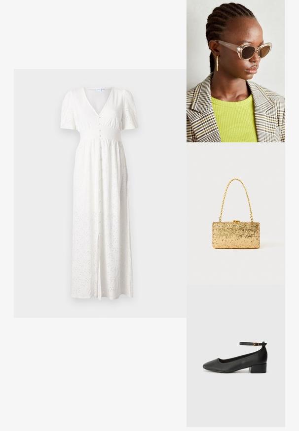 White maxi dress with a V-neck, short puff sleeves, button front, and embroidered dot pattern. Fabric is lightweight with a loose fit.; Black leather pump with a pointed toe and a low block heel. Features an ankle strap with a gold-tone buckle. Smooth texture.; Clear cat-eye sunglasses with brown lenses and transparent frames. Model wearing a green ribbed top and checkered blazer. Gold hoop earrings.; Gold sequin clutch with a rectangular shape, featuring a twisted chain handle and a metal clasp closure, reflecting light with a textured finish.