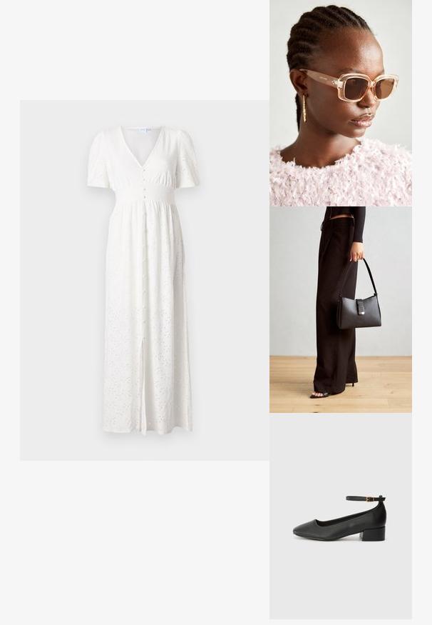 Bjela maxi haljina s V-izrezom, kratkim nabranim rukavima, prednjim kopčanjem na gumbe i izvezenim točkastim uzorkom. Materijal je lagan i ima slobodan kroj.; Crne kožne pumpe s oštrim vrhom i niskom blok petom. Sadrže remen oko gležnja s zlatnim kopčanjem. Glatka tekstura.; Bež velike sunčane naočale s prozirnim okvirom i smeškim obojenim staklima, koje sadrže suptilne cvjetne akcenti i hrabri, geometrijski dizajn.; Crna torba s oblikom koji sadrži strukturu, glađu teksturu i metalnu kopču. Uparena s širokim crnim hlačama i sandalama na otvorenom s drvenog poda.
