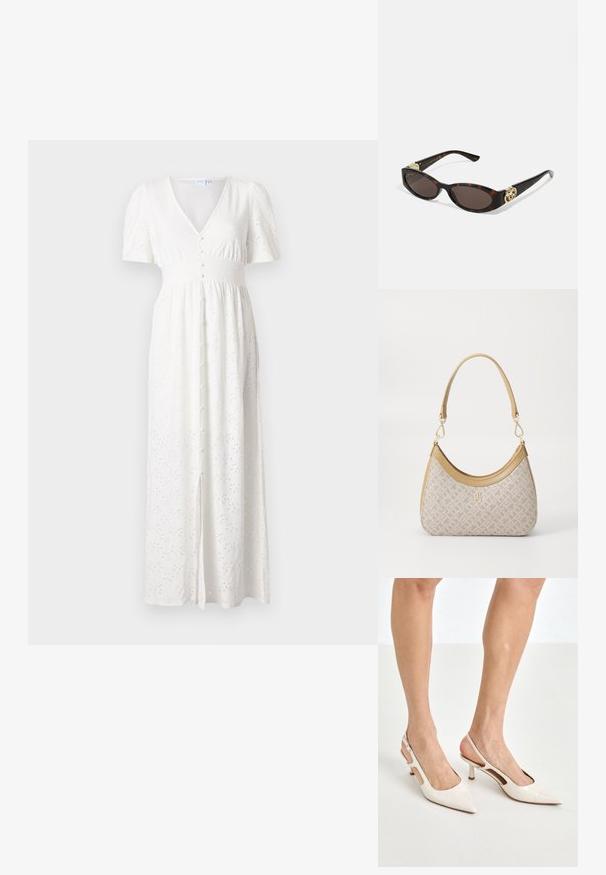 Robe maxi blanche avec un décolleté en V, des manches courtes bouffantes, un bouton devant et un motif de points brodés. Le tissu est léger avec une coupe ample.; Escarpins à talon slingback en cuir verni beige avec un bout pointu et un talon de 5 cm, présentant des côtés découpés et une fine bride à la cheville.; Lunettes de soleil en écaille, avec des verres ovales allongés, teinte marron, accents de logo doré sur les branches et montures noires élégantes.; Sac à main en beige à motif, avec une forme incurvée, des accents en cuir et un logo en ton doré sur le devant. Il dispose d'une poignée courte pour un transport facile.; Collier en perles et cristaux avec un design rond et perlé dans des teintes douces, comportant des perles alternées et des accents scintillants, porté autour du cou.