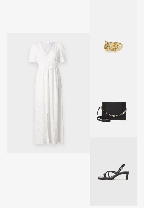 Valge maxi kleit V-kaelusega, lühikeste puhvärvidega, nööbifront ja brodeeritud täppmustriga. Kangas on kerge ja lahtise lõikega.; Mustast rihmajalatsid ruudukujulise varba ja madala ploki kontsaga. Omab mitmeid õhukesi rihmasid ja reguleeritavat pahkluu rihma. Valmistatud siledast nahast.; Mustast nahast õlakott, mis omab siledat tekstuuri, ristküliku kuju ning esiküljel metallketi detaili. Reguleeritav rihm on kaasas.; Kuldne sõrmus tekstureeritud, lainelise disainiga, millel on kolm silmapaistvat tippu. Sile, läikiv pind ja avatud riba, mis võimaldab reguleeritavat sobivust.