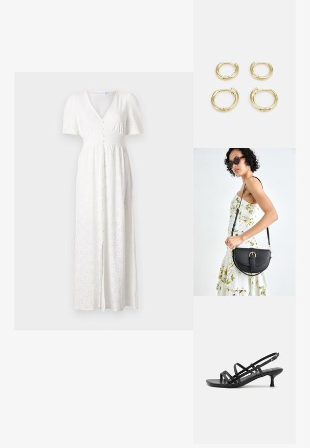 Robe maxi blanche avec un décolleté en V, des manches courtes bouffantes, un bouton devant et un motif de points brodés. Le tissu est léger avec une coupe ample.; Sandales à talons noirs avec plusieurs brides entrecroisées. Matériau lisse, bout pointu et talon étroit. Bride de cheville ajustable avec boucle.; Sac à main en cuir noir avec une forme courbée, bandoulière amovible et des accessoires en or. Le sac est doté d'un rabat avec un détail de boucle.; Boucles d'oreilles en or, quatre pièces, finition lisse, design arrondi, tailles variées, avec un fermoir à charnière pour un enfilage facile.
