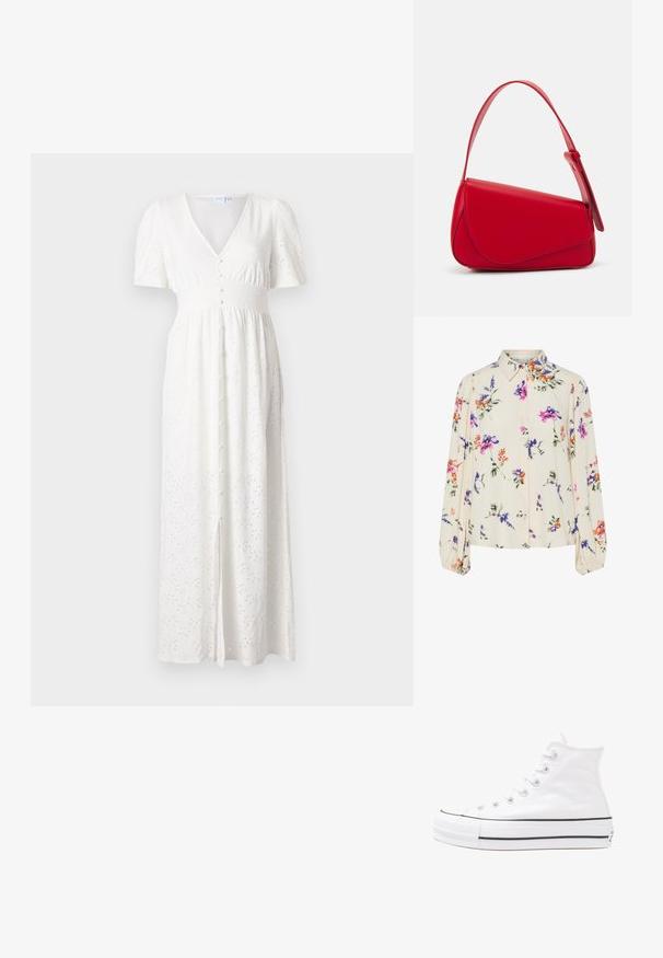 Vit maxiklänning med V-ringning, korta puffärmar, knappfront och broderad prickmönster. Tyget är lätt och har en lös passform.; Blommig blus med långa puffärmar, ljus krämfärgad bas, med lila, orange och gröna blommönster, samt klassisk krage.; Vit hög topp canvas sneaker med svart gummisulan, framsidan gummitåhätta och sex öglor för snören, med en ren, minimalistisk design.; Röd läderhandväska med en vinkelrät, geometrisk design. Har ett justerbart axelband och en klaffstängning med sydda detaljer.